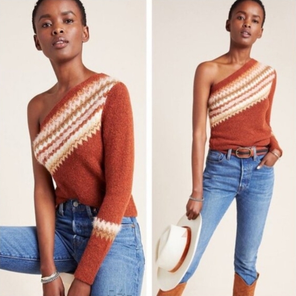 NWT Anthropologie "Vittoria Fair Isle" One Shoulder Sweater Wool Alpaca Blend XL - Picture 2 of 12